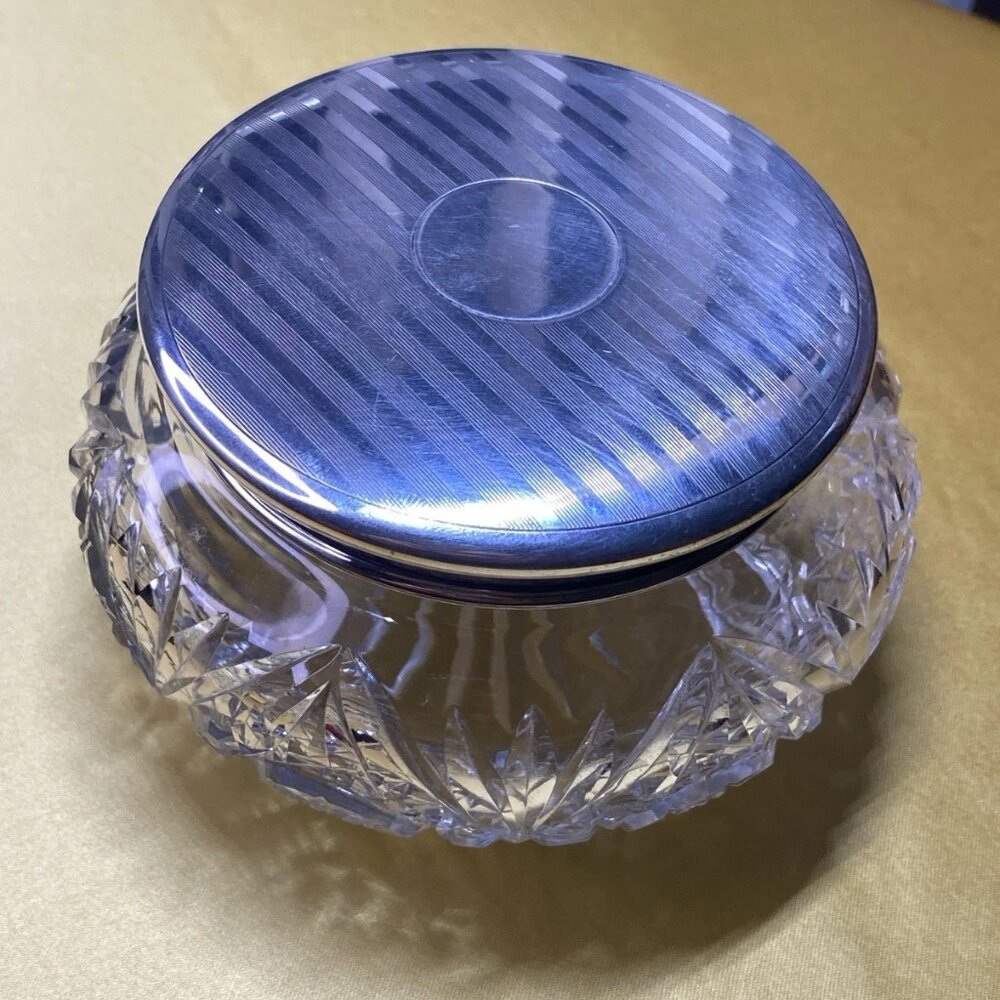 Vintage 1960s Birks Sterling Silver Lid Cut Crystal Vanity Jar Dresser Box